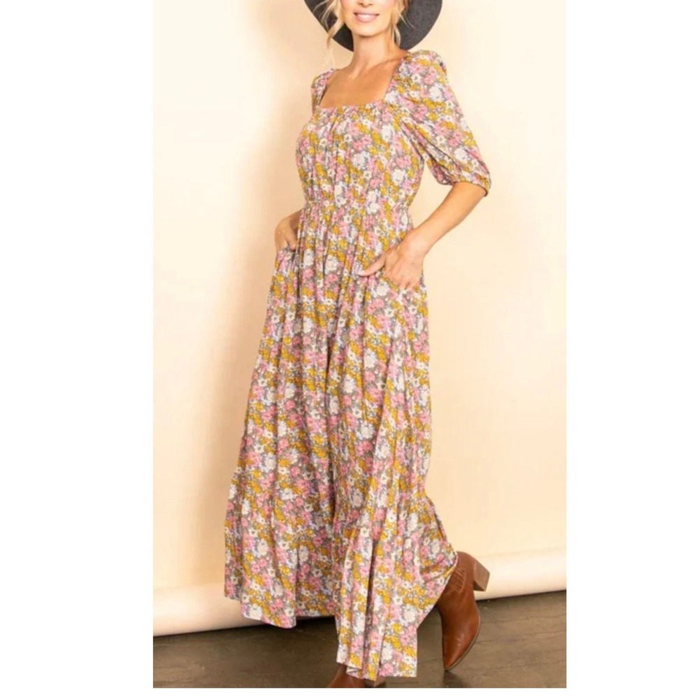 Elloh Reversible Floral Maxi Dress Pink Yellow Puff Sleeve Cottagecore Pockets S